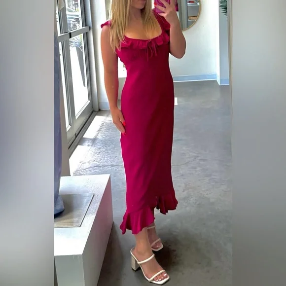Loucia Pink Ruffle Midi Dress | Romantic Date Night, Cocktail Holiday NWT Size M - Picture 3 of 12